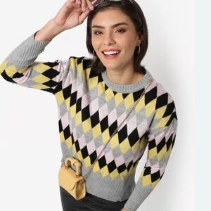 Campus Sutra Women's Argyle Patterned Knitted Pullover Sweater LARGE NWOT "RARE"